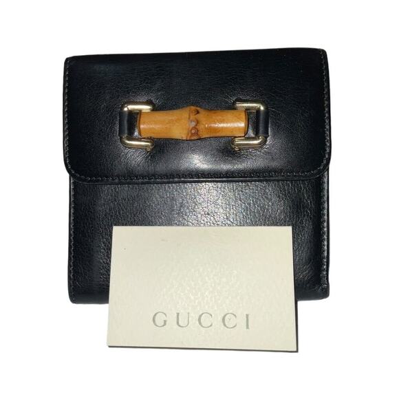 GUCCI Vintage Black leather trifold wallet with Front Bamboo Accent - Picture 1 of 15